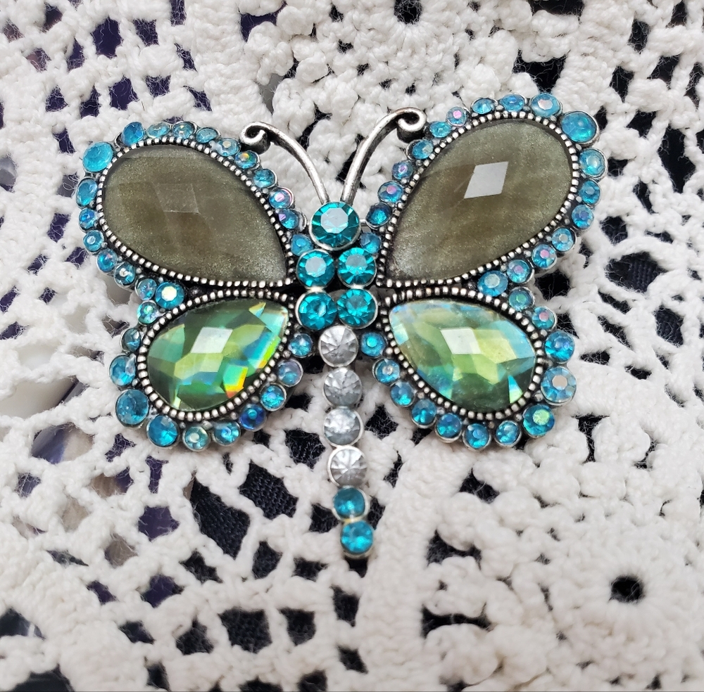 Elegant Butterfly Brooch with Blue and Green Gems